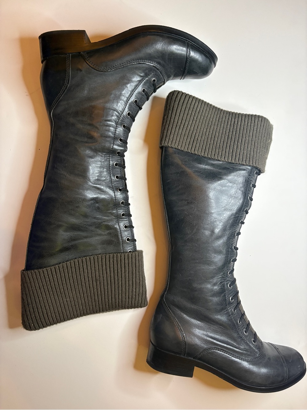 COLE HAAN Nike air Whitley lace up slate grey knit knee high heeled boots